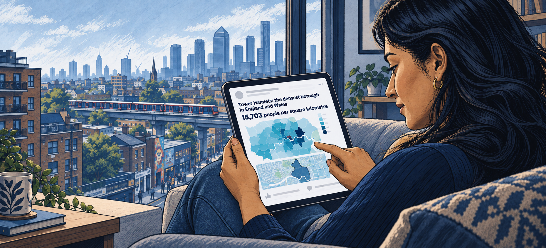 Woman on a sofa viewing a Tower Hamlets density map on a tablet, with the London skyline in the background